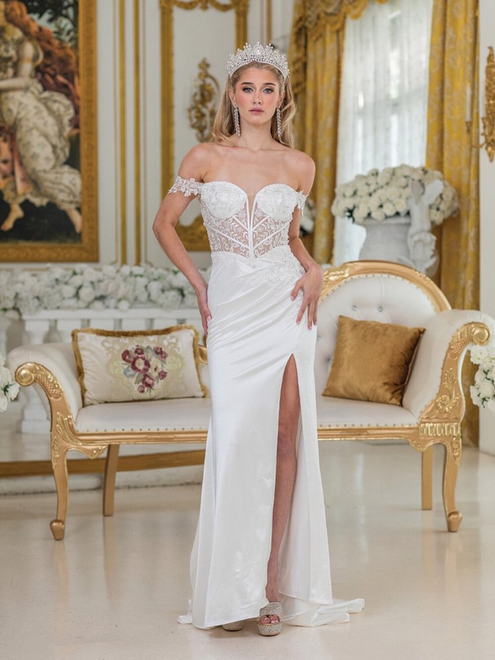 NEW OFF WHITE Satin & Lace Shoulder Wedding Dress Floor Length With Slit 0308
